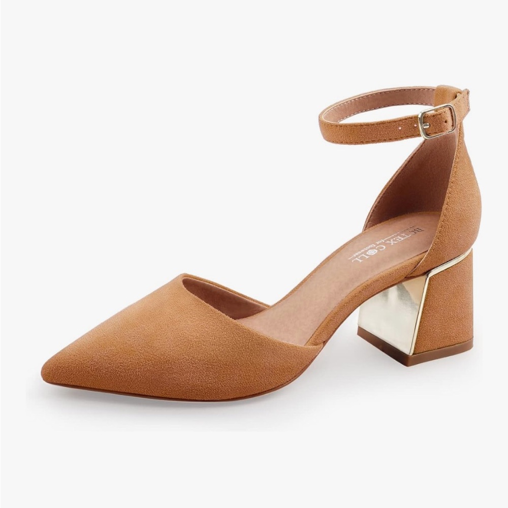 Camel/Tan Pointy-Toe Ankle Strap Kitten Heel